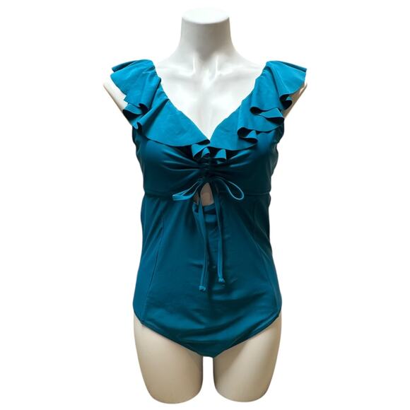 Cupshe Ruffle V-Neck Cutout One Piece Swimsuit Teal XL - Picture 2 of 6